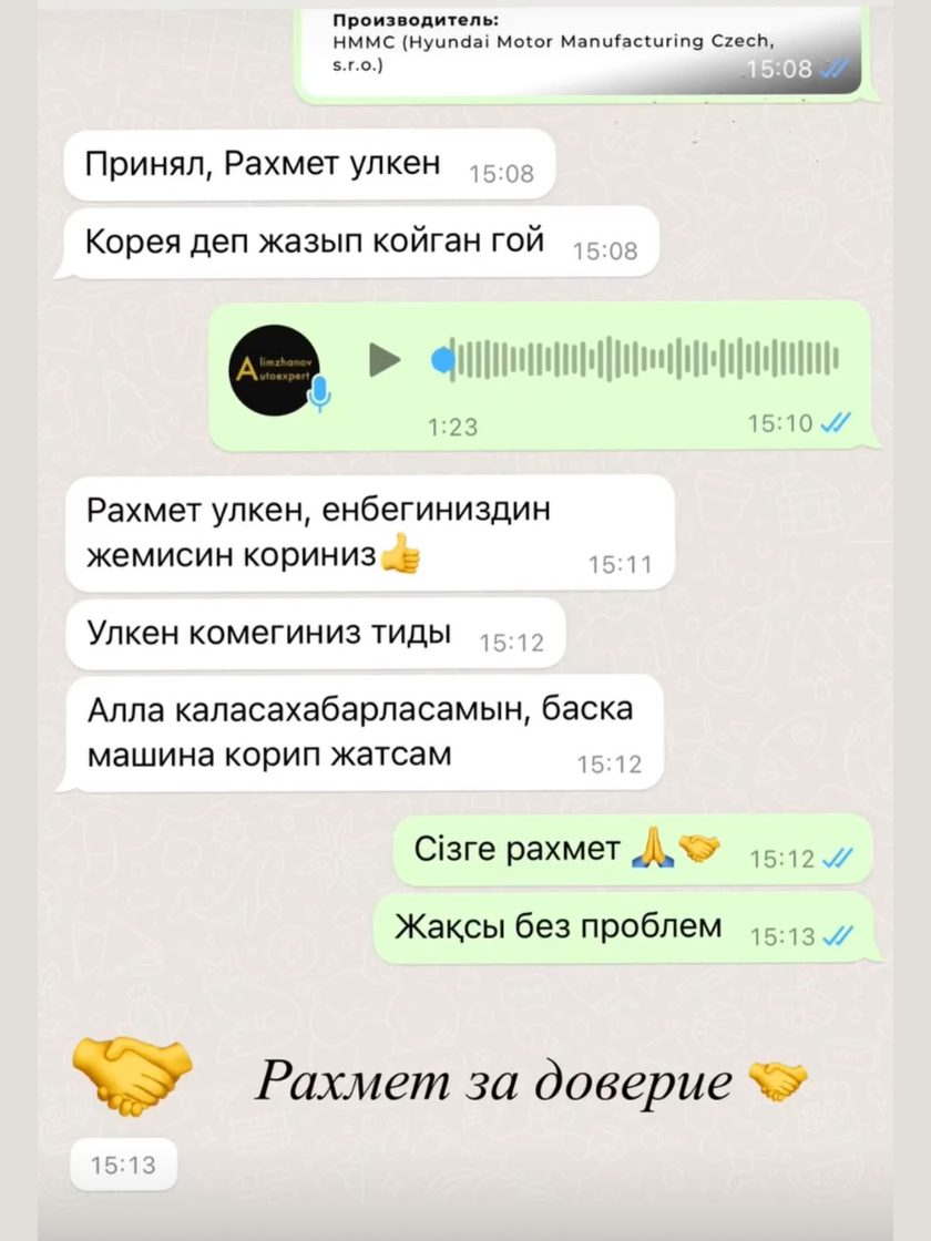 Отзыв клиента автоэксперта Еламана в WhatsApp
