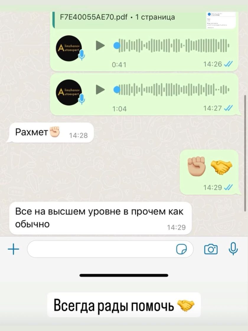 Отзыв клиента автоэксперта Еламана в WhatsApp