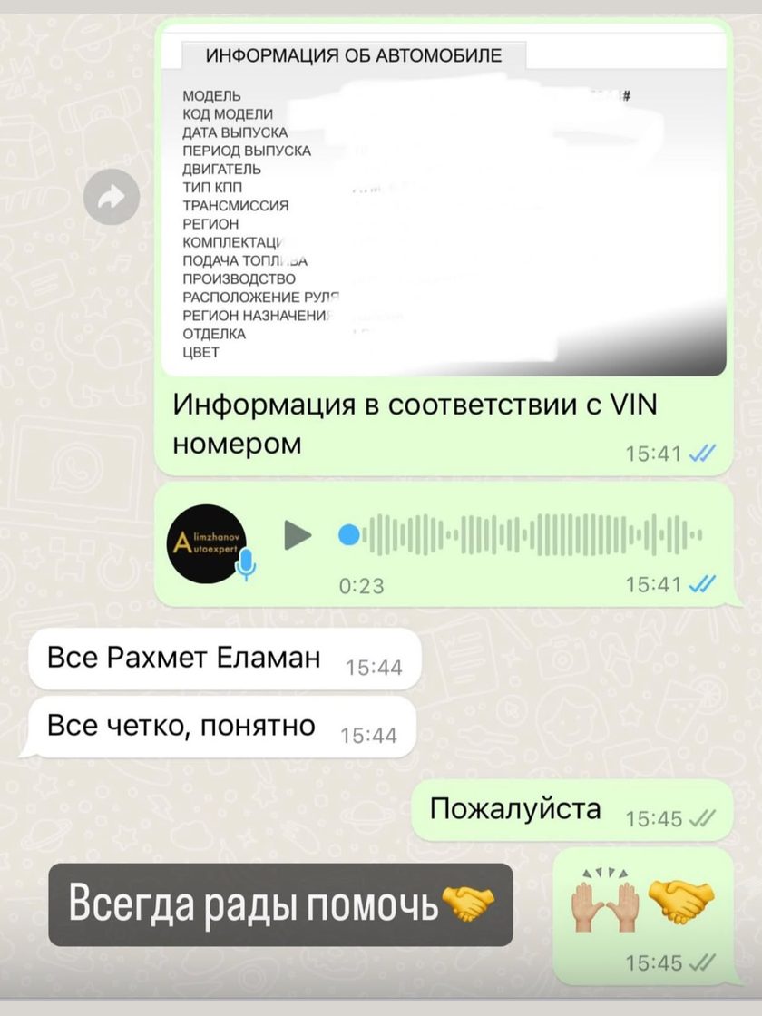 Отзыв клиента автоэксперта Еламана в WhatsApp