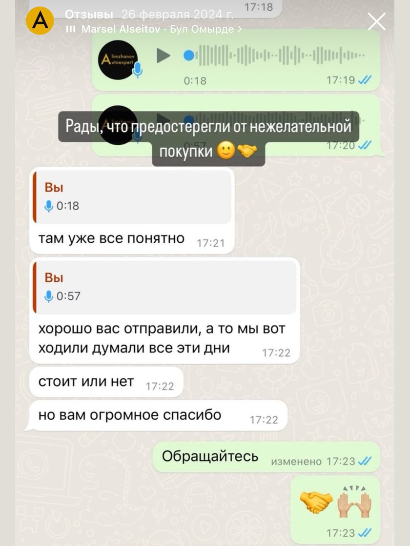 Отзыв клиента автоэксперта Еламана в WhatsApp